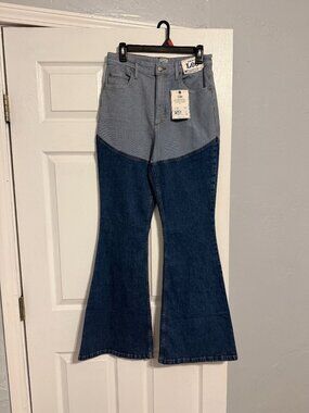 Kacey Lee Long Denim Chaps Wide Flare High Rise Two Tone Jeans NWT Size 10